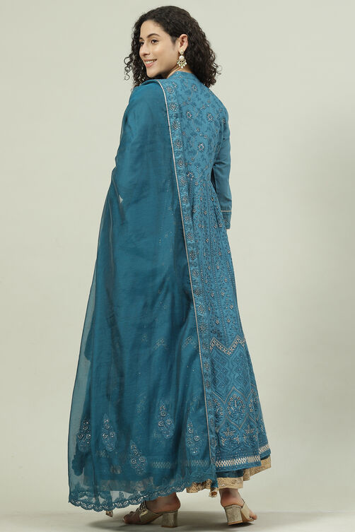 Teal Art Silk Anarkali Kurta Skirt Suit Set image number 4