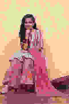 Aqua and Coral Pure Cotton Printed Peplum Suit Set image number 2