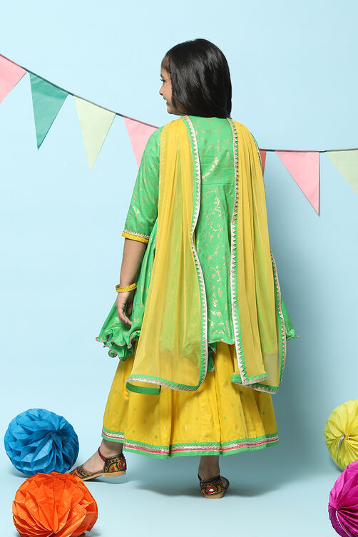 Green Cotton Printed Short Kurta Lehenga Set image number 5