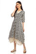 Off White And Navy Front Open Cotton Printed Dress image number 3