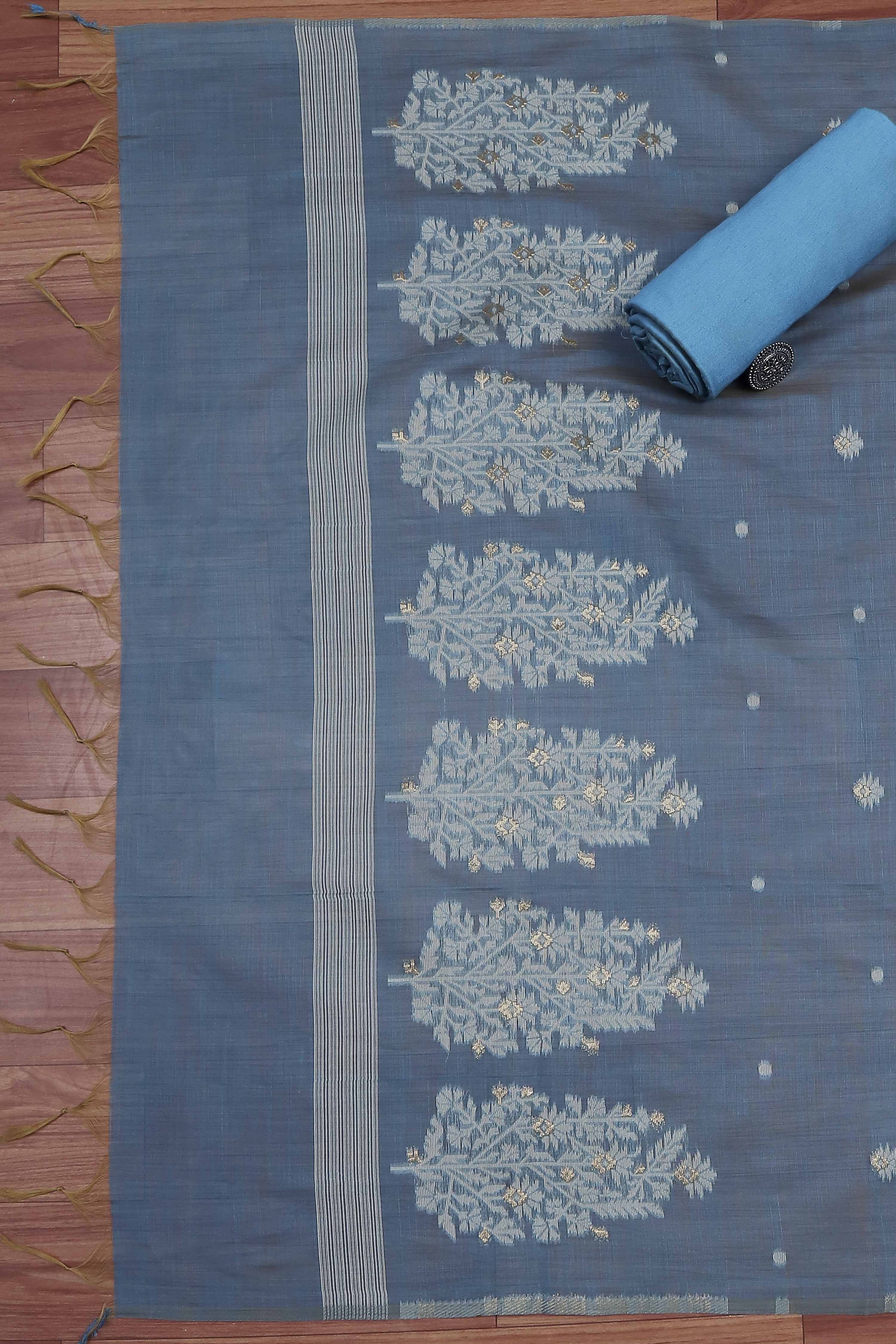 Blue Cotton Jamdani Unstitched Suit Set image number 3