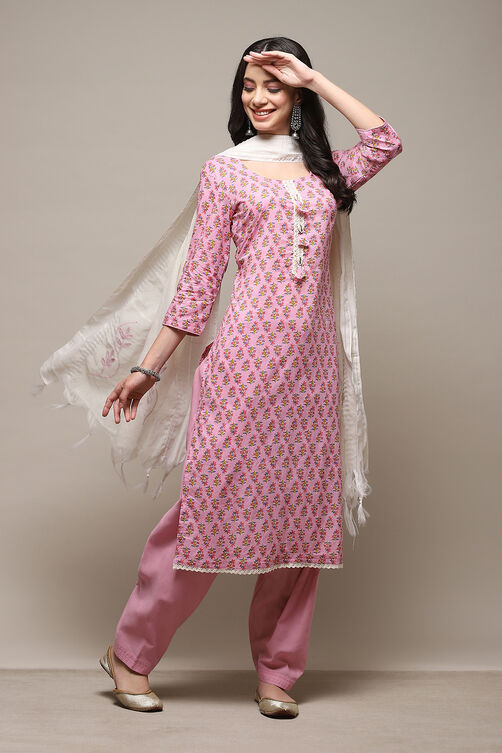 Peach Cotton Handloom Unstitched Suit Set image number 1