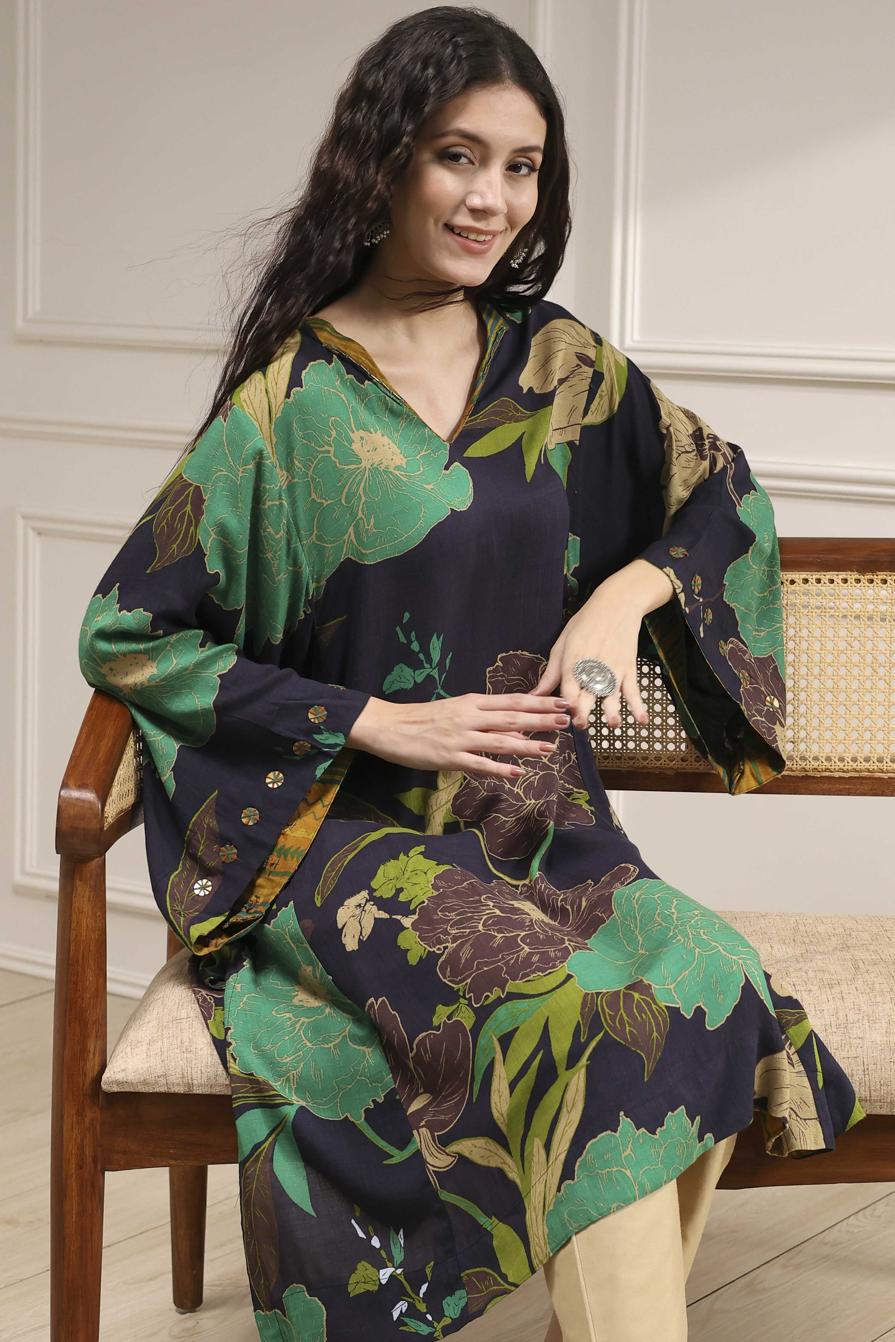 Charcoal Viscose Rayon A-Line Printed Kurta image number 1