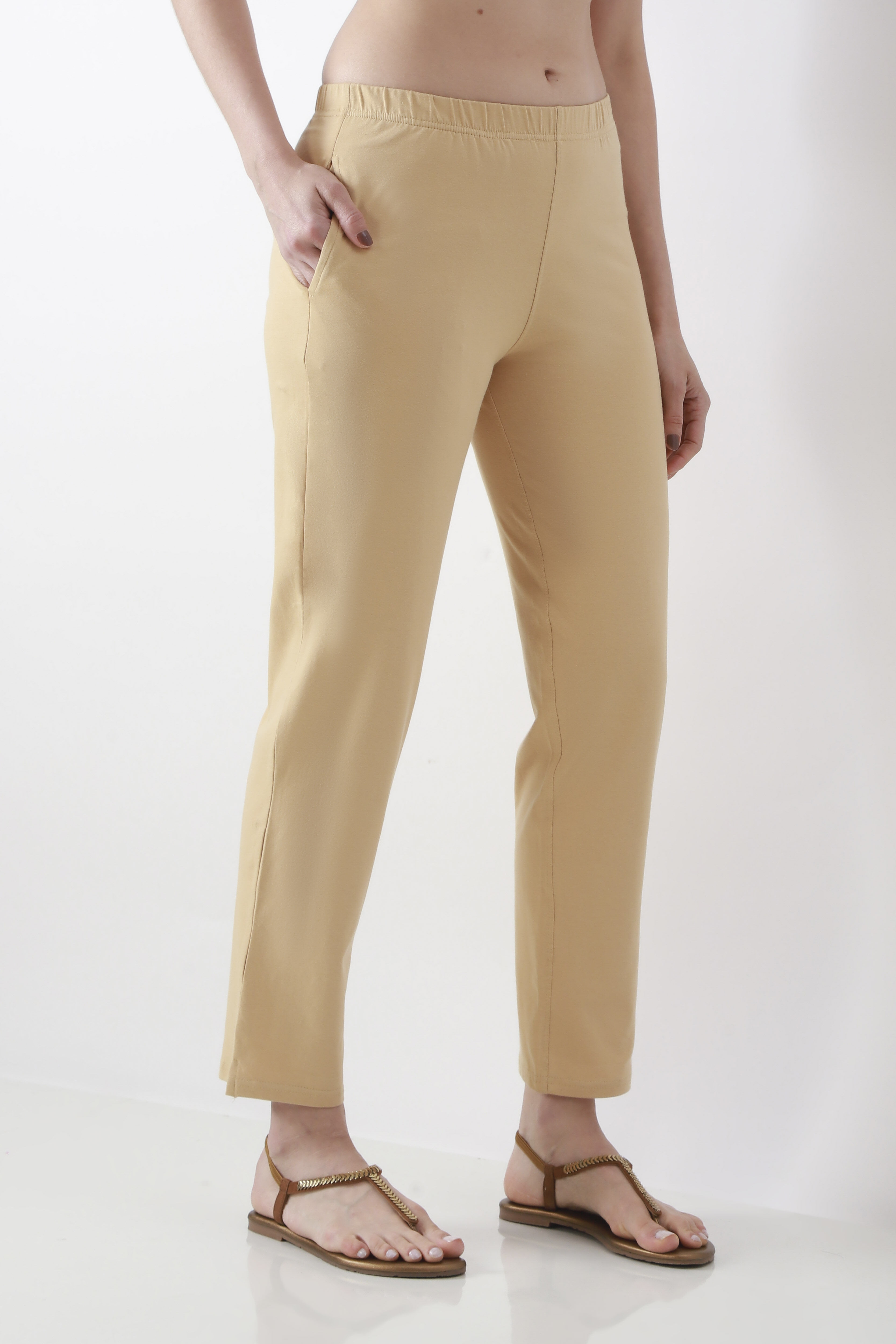 Beige Cotton Lycra Straight Pants image number 3