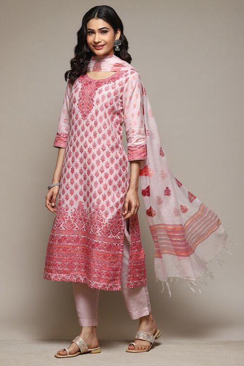 Peach Cotton Blend Straight Yarndyed Kurta Suit Set image number 0