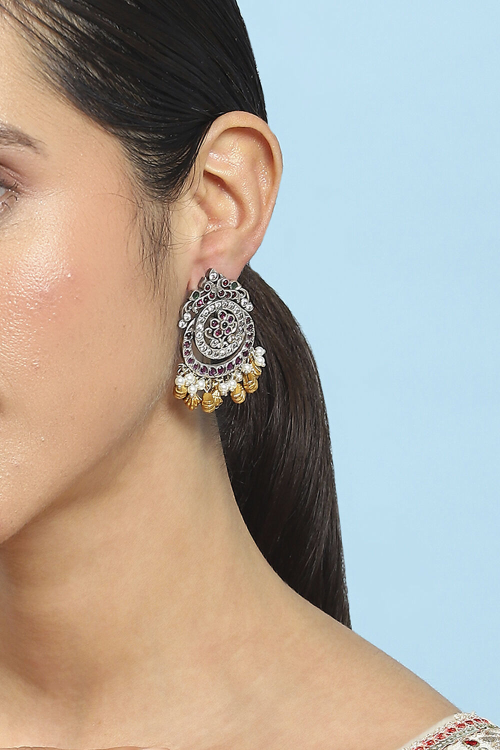Green Pink Stone Embellished Earrings image number 1