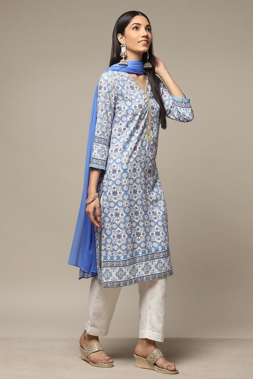 Blue Rayon Straight Kurta Pant Suit Set image number 6