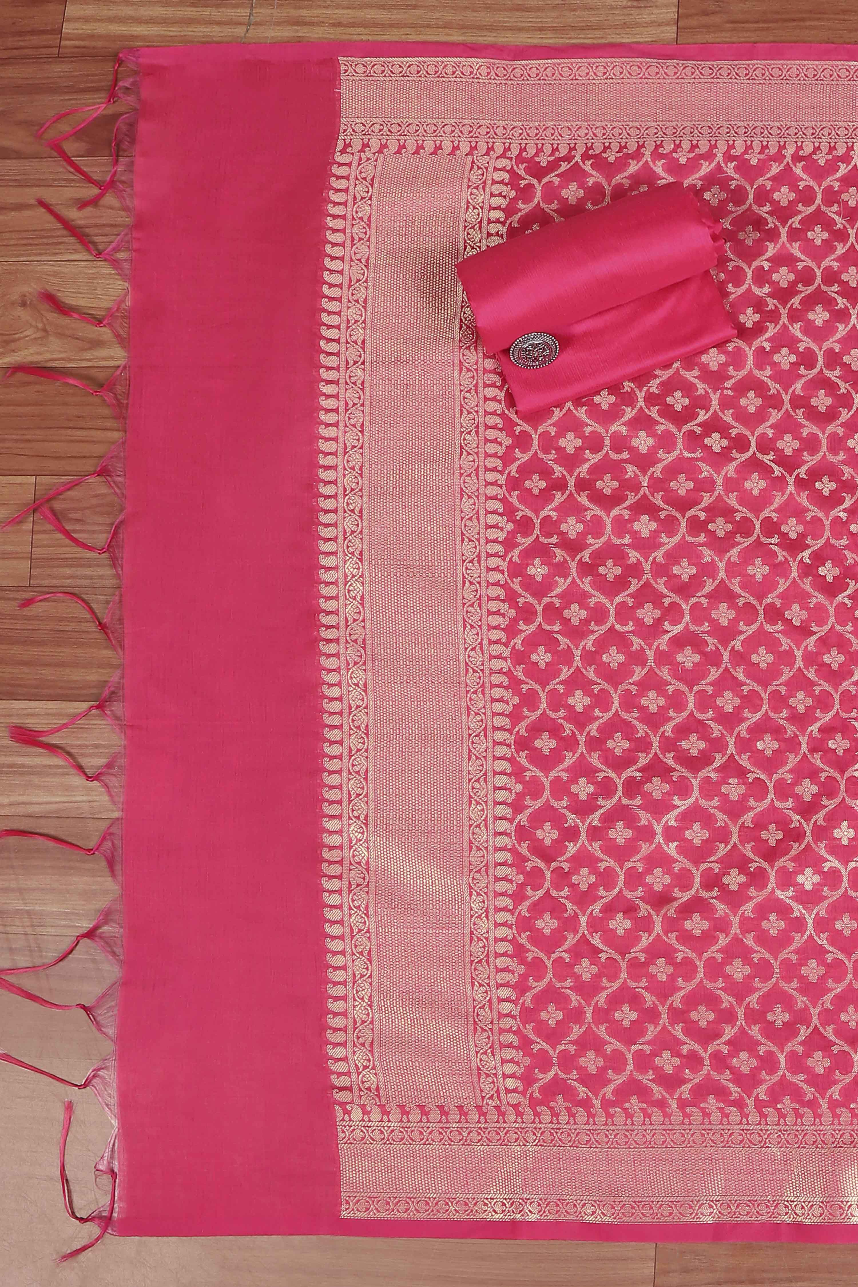 Pink Cotton Printed Embroidered Unstitched Suit Set image number 3