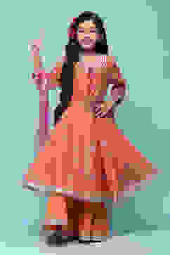 Orange Cotton Gathered Printed Suit Set image number 0