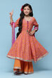 Orange Cotton Gathered Printed Suit Set