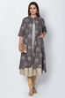 Light Grey Metallic Cotton Front Open Printed Kurta image number 3