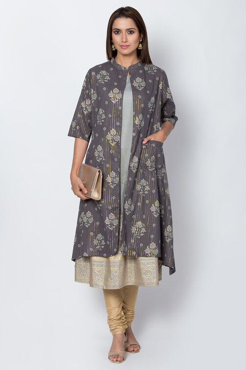 Light Grey Metallic Cotton Front Open Printed Kurta image number 3