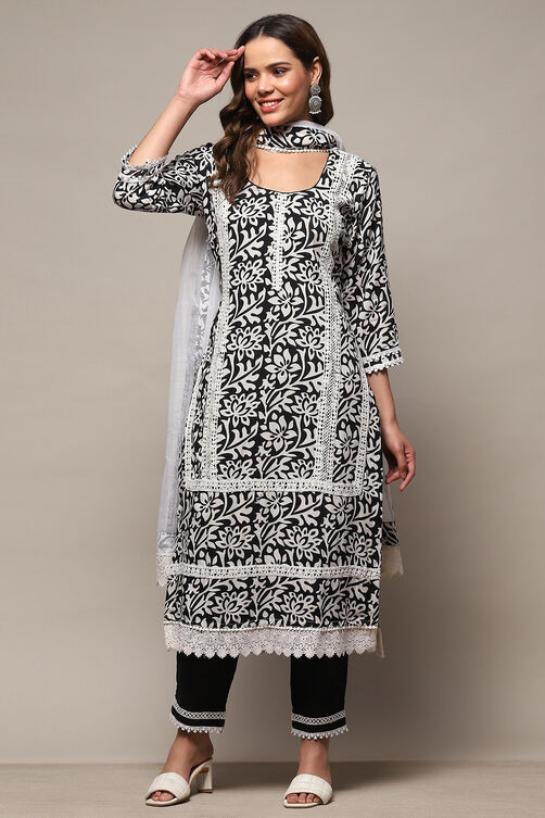 White Black Rayon Unstitched Suit Set image number 8