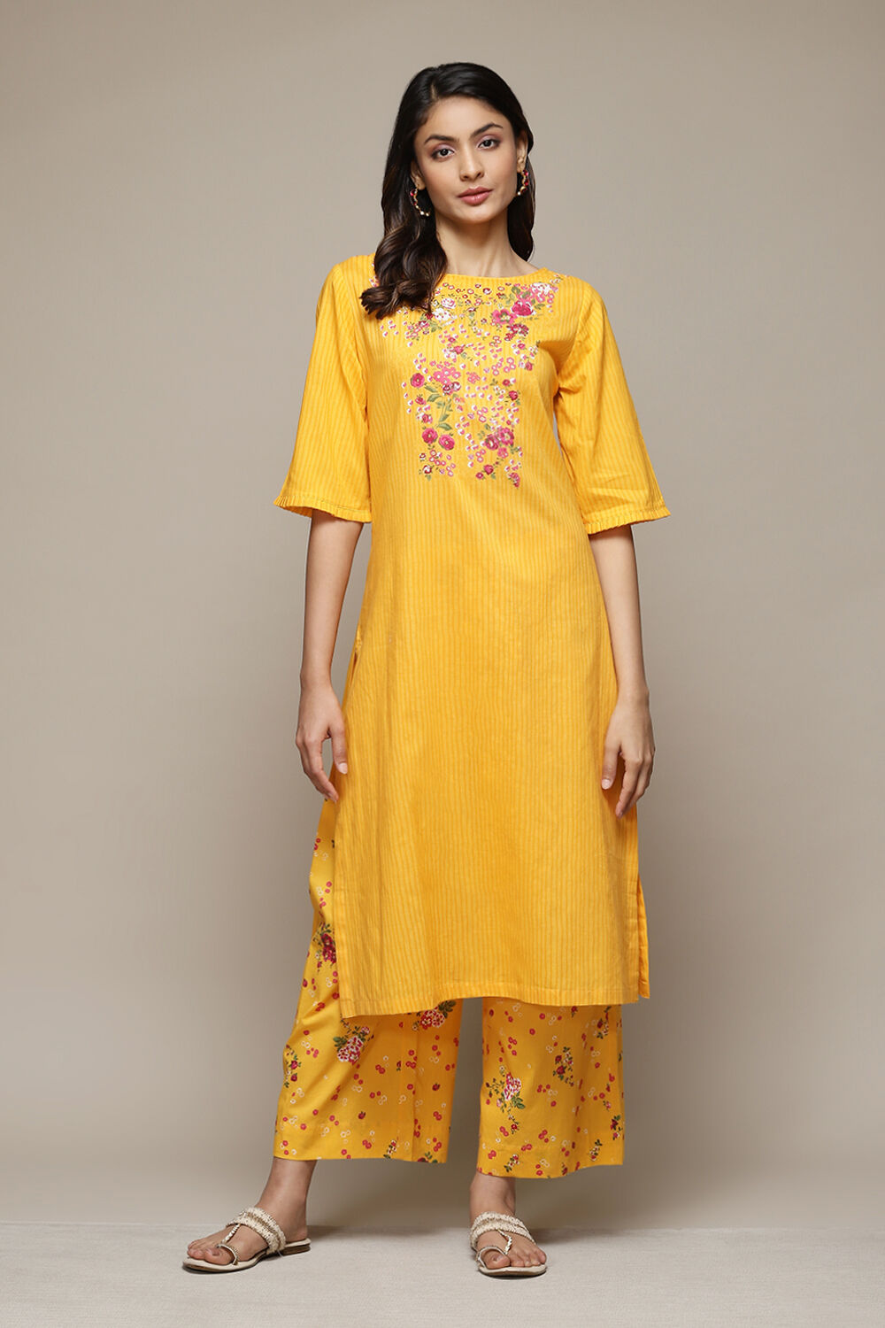 Yellow Cotton Straight Kurta Palazzo Suit Set image number 0