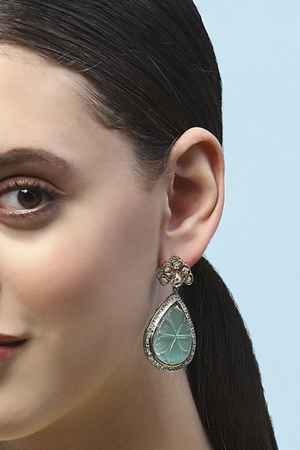 Mint Green Gold-Plated Kundan Tear Drop Danglers image number 3