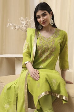 Mehandi Green Poly Chanderi Fitted Suit Set image number 0