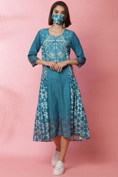 Turquoise Rayon A-Line Printed Dress image number 3