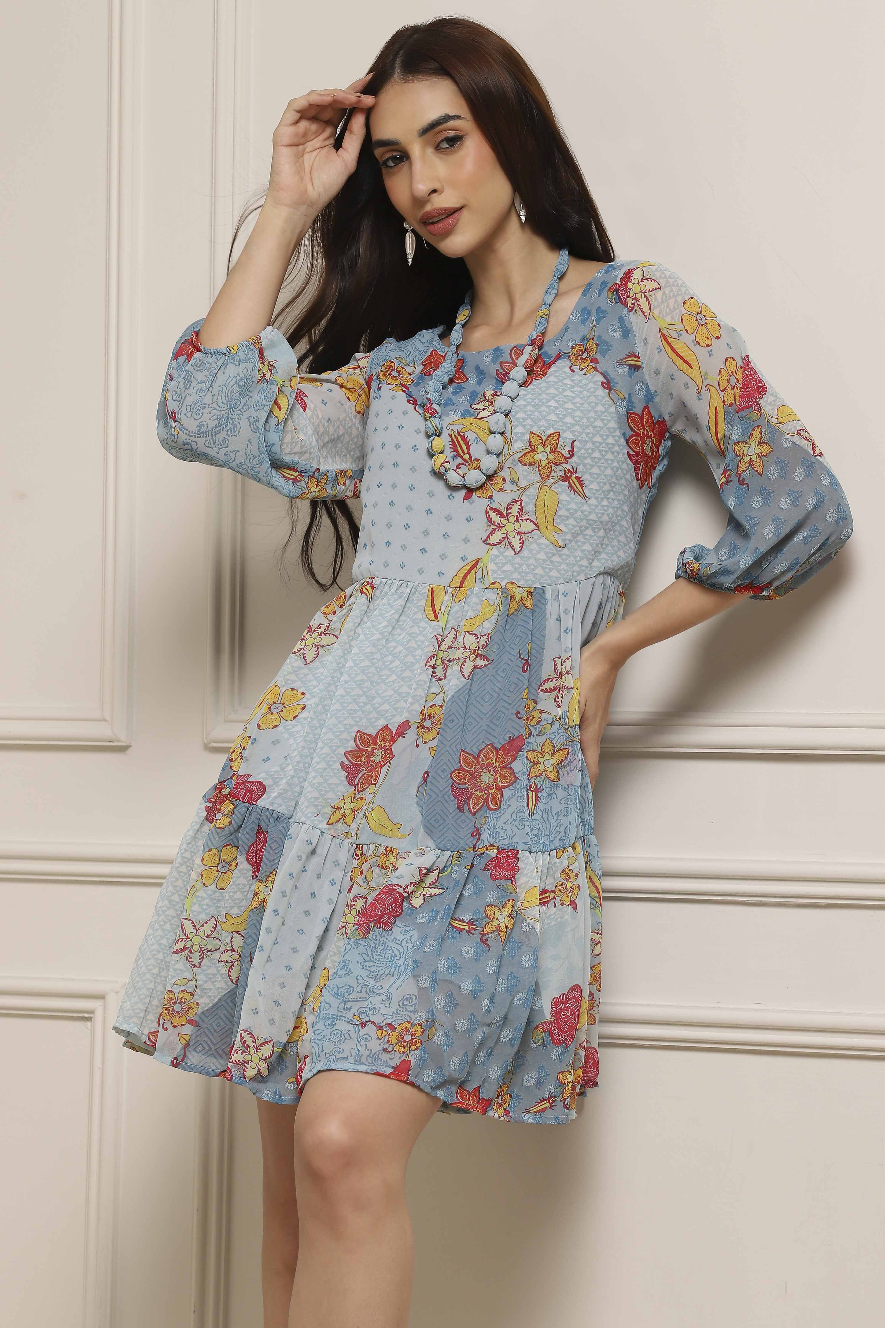 Blue Polyester Tiered Dress image number 6