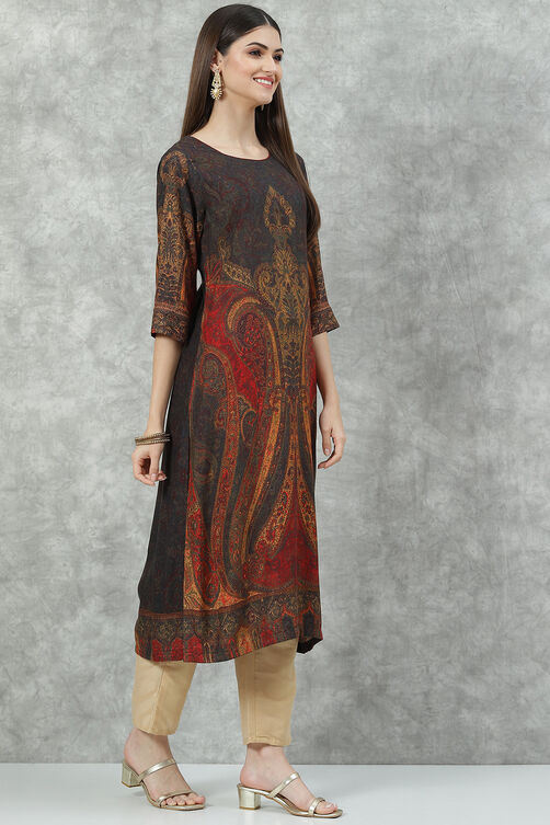 Charcoal Viscose Straight Printed Kurta image number 3