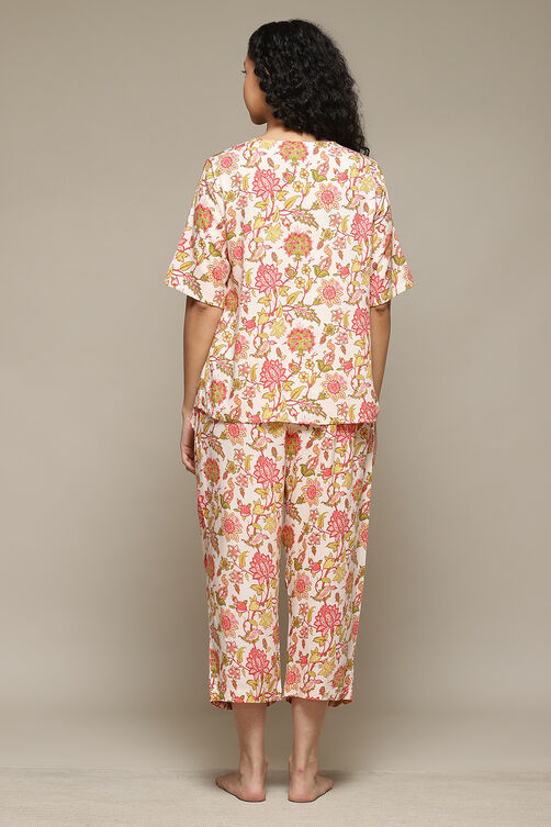 Off White & Red Rayon Printed 2 Piece Sleepwear Set image number 4