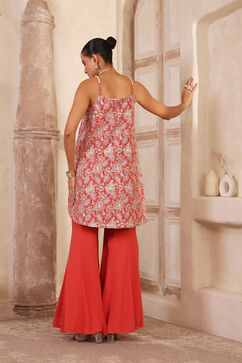 Coral Orange Poly Georgette Zari Embroidered Flared Suit Set image number 3