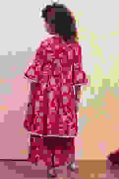 Red Cotton Printed Tiered Kurta Set image number 4