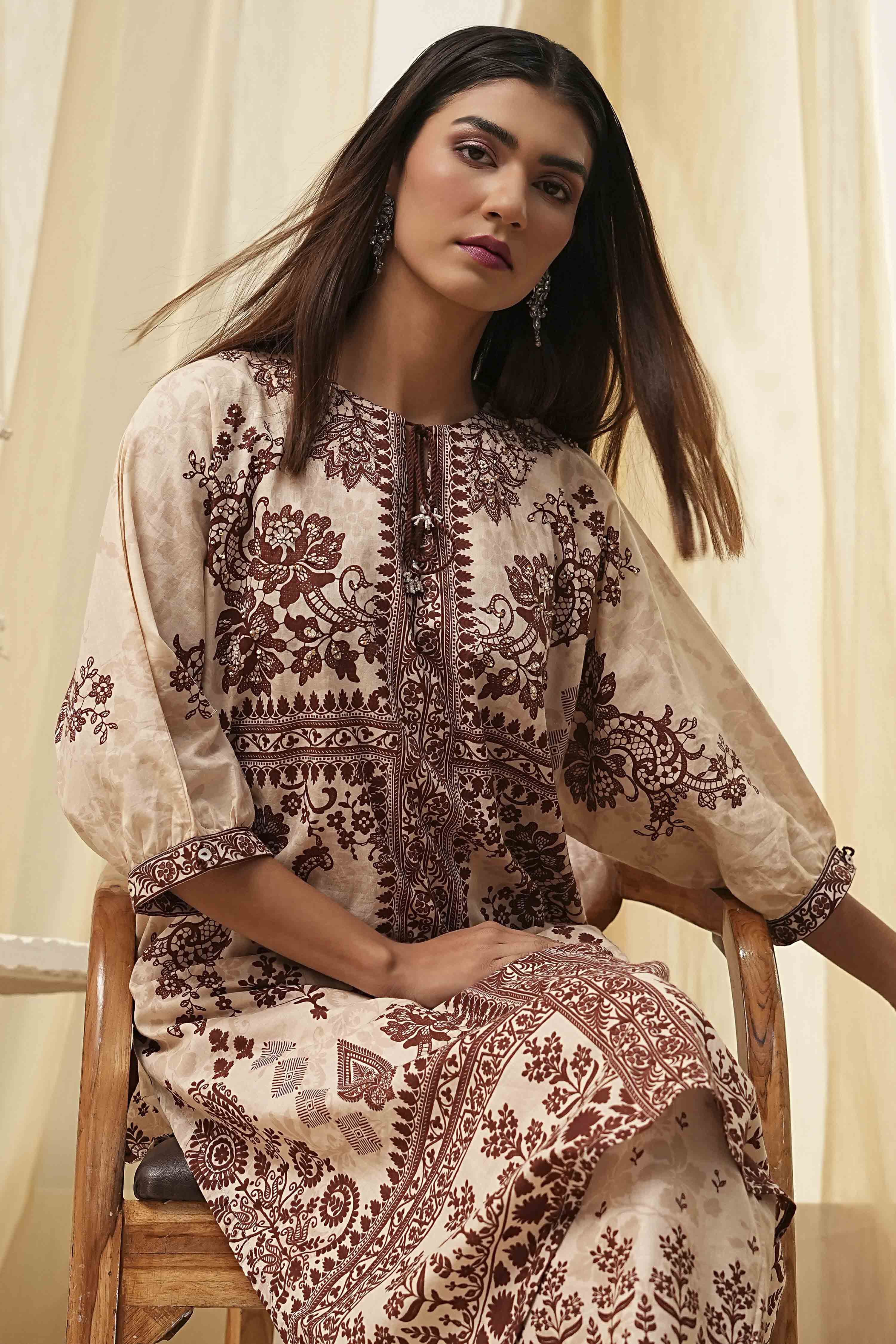 Beige and Brown Pure Cotton Printed Kurta Set image number 0