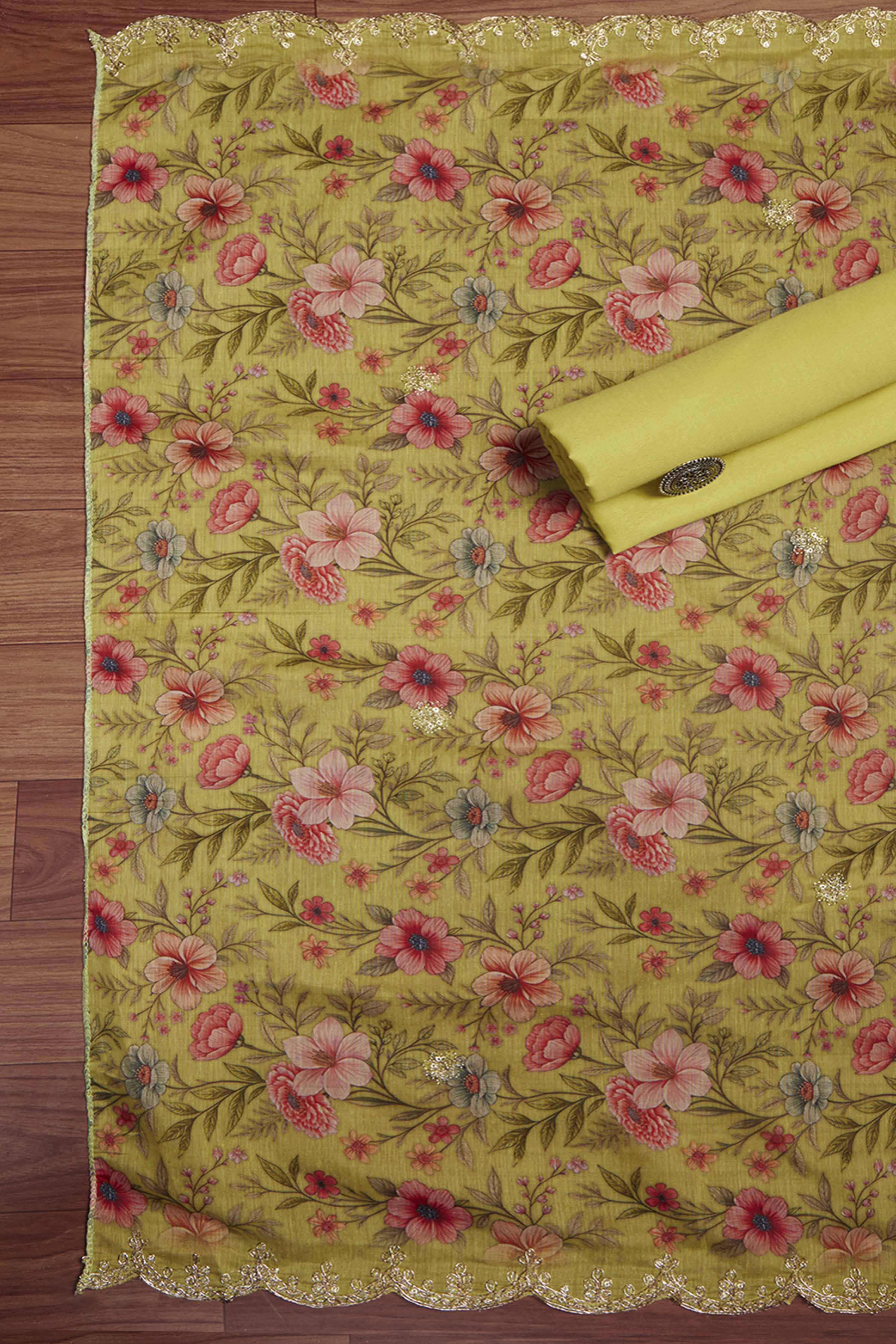 Teal Chanderi Unstitched Suit Set image number 3