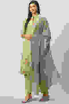 Olive Green Straight Kurta Regular Pants Suit Set image number 5