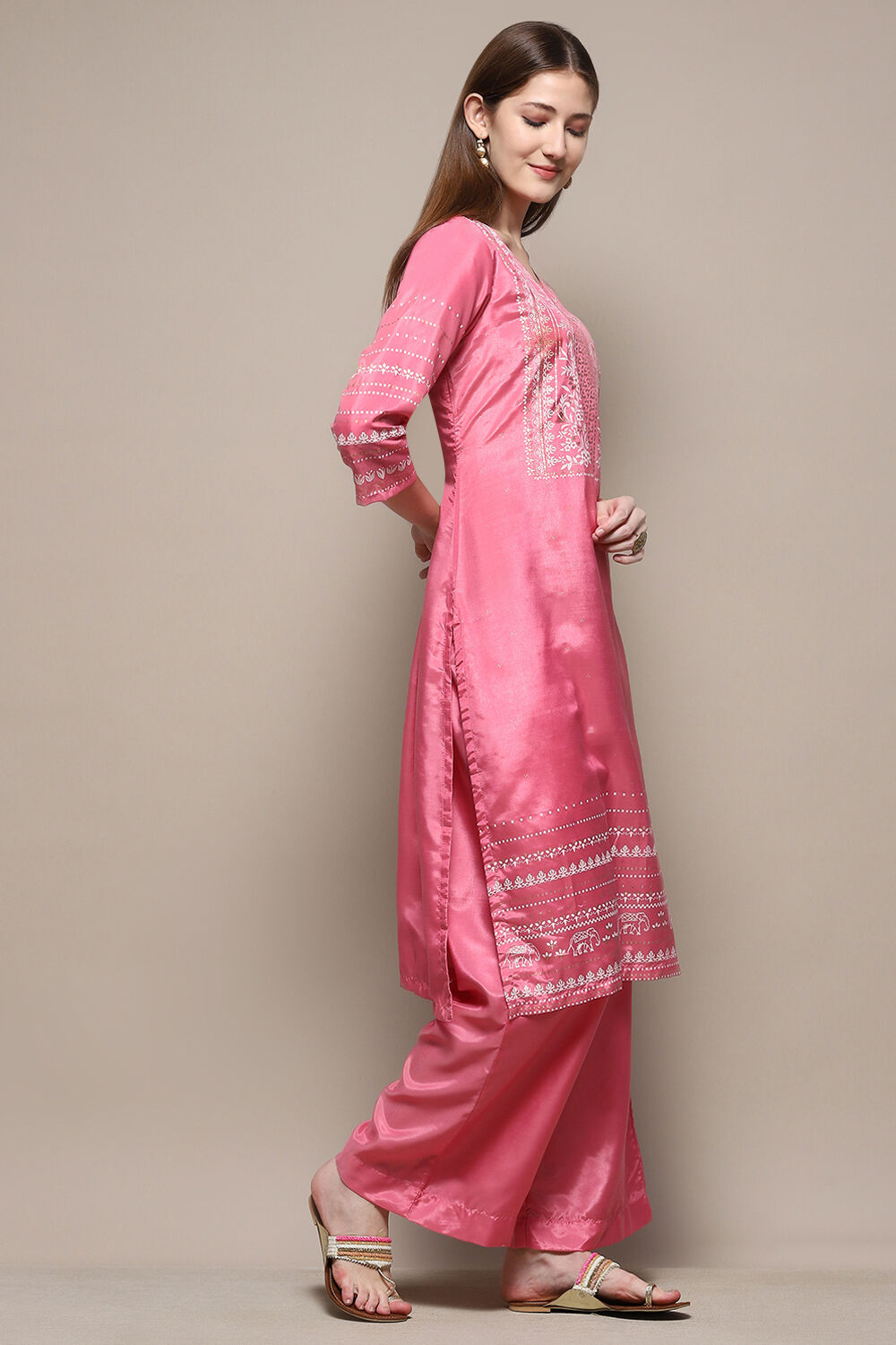 Pink Cotton Blend Straight Kurta Palazzo Suit Set image number 5