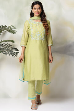 Sage Green Art Silk A-Line Kurta Regular Pant Suit Set image number 0