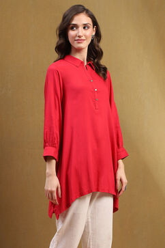 Tomato Red Solid Asymmetric Short Kurta image number 4