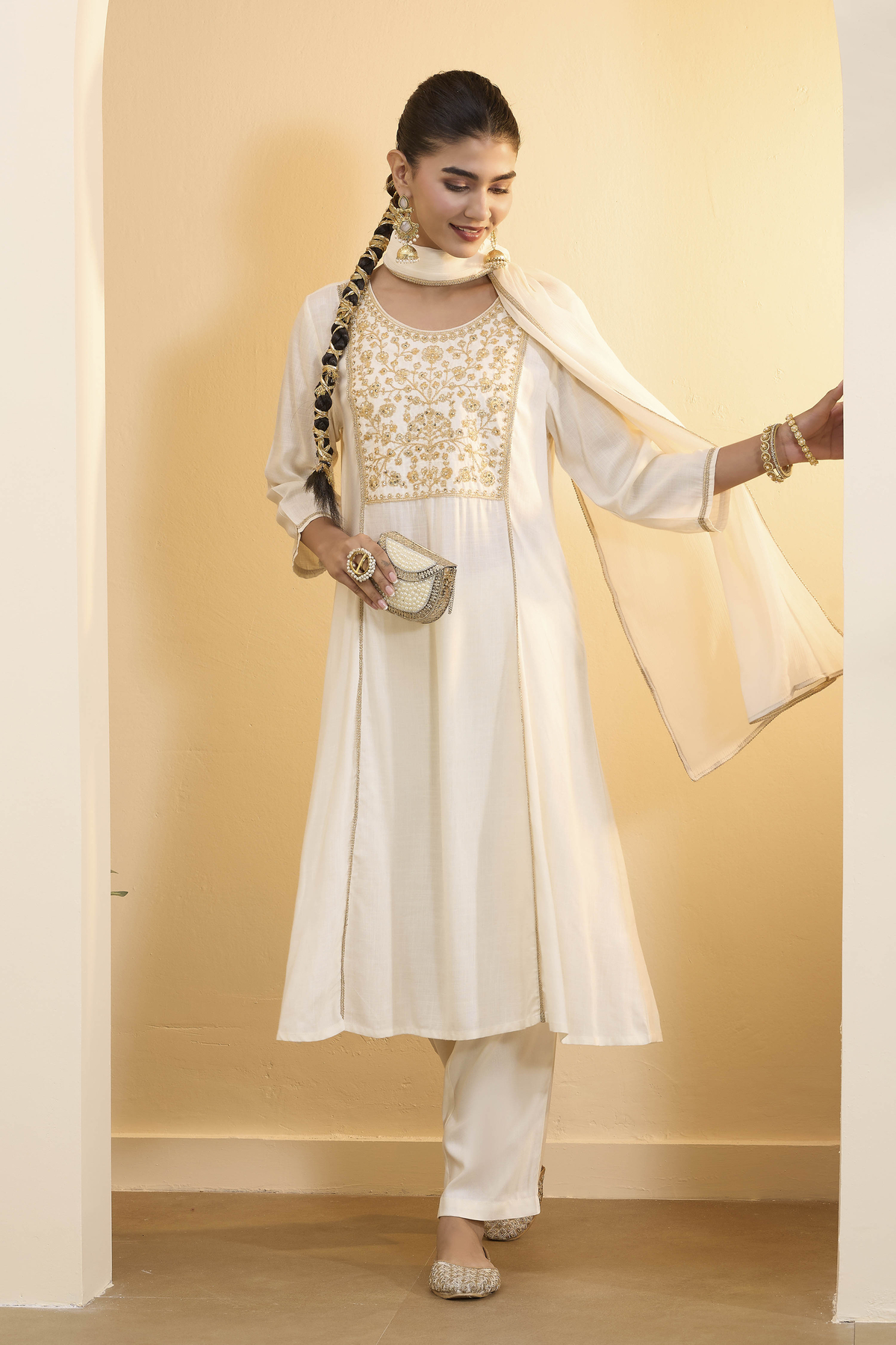 Off-White Viscose Rayon Kalidar Kurta Set