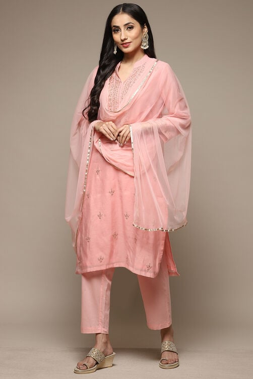 Blush Pink Cotton Blend Straight Kurta Pant Suit Set image number 6