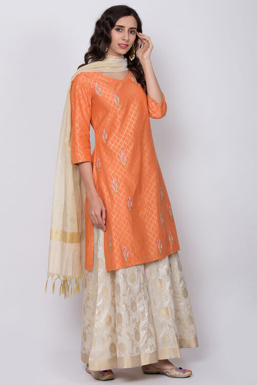 Orange Poly Cotton Kurta Sharara Suit Set image number 3