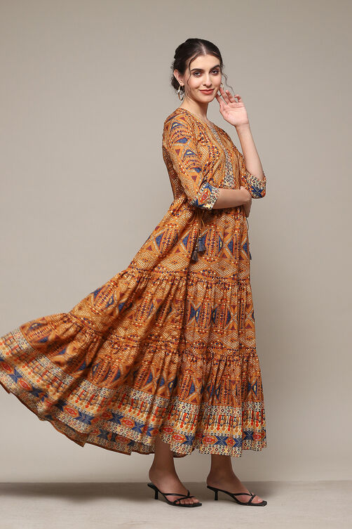Buy Mustard Cotton Tiered Dress for INR2159.40 |Biba India