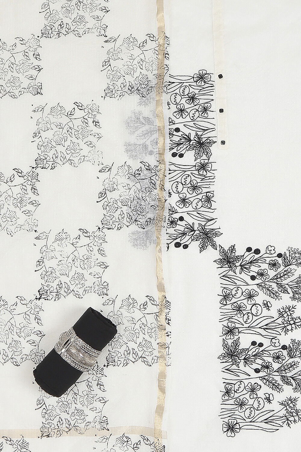 Off White Cotton Machine Embroidered Unstitched Suit Set image number 1