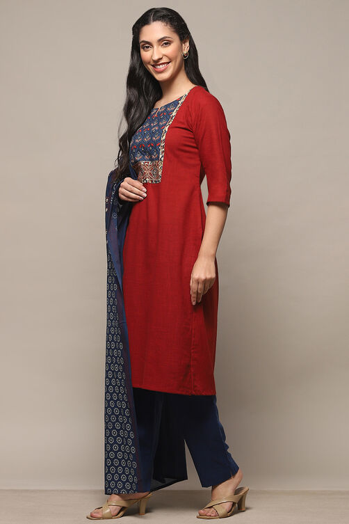 Maroon Cotton Unstitched Suit Set image number 5
