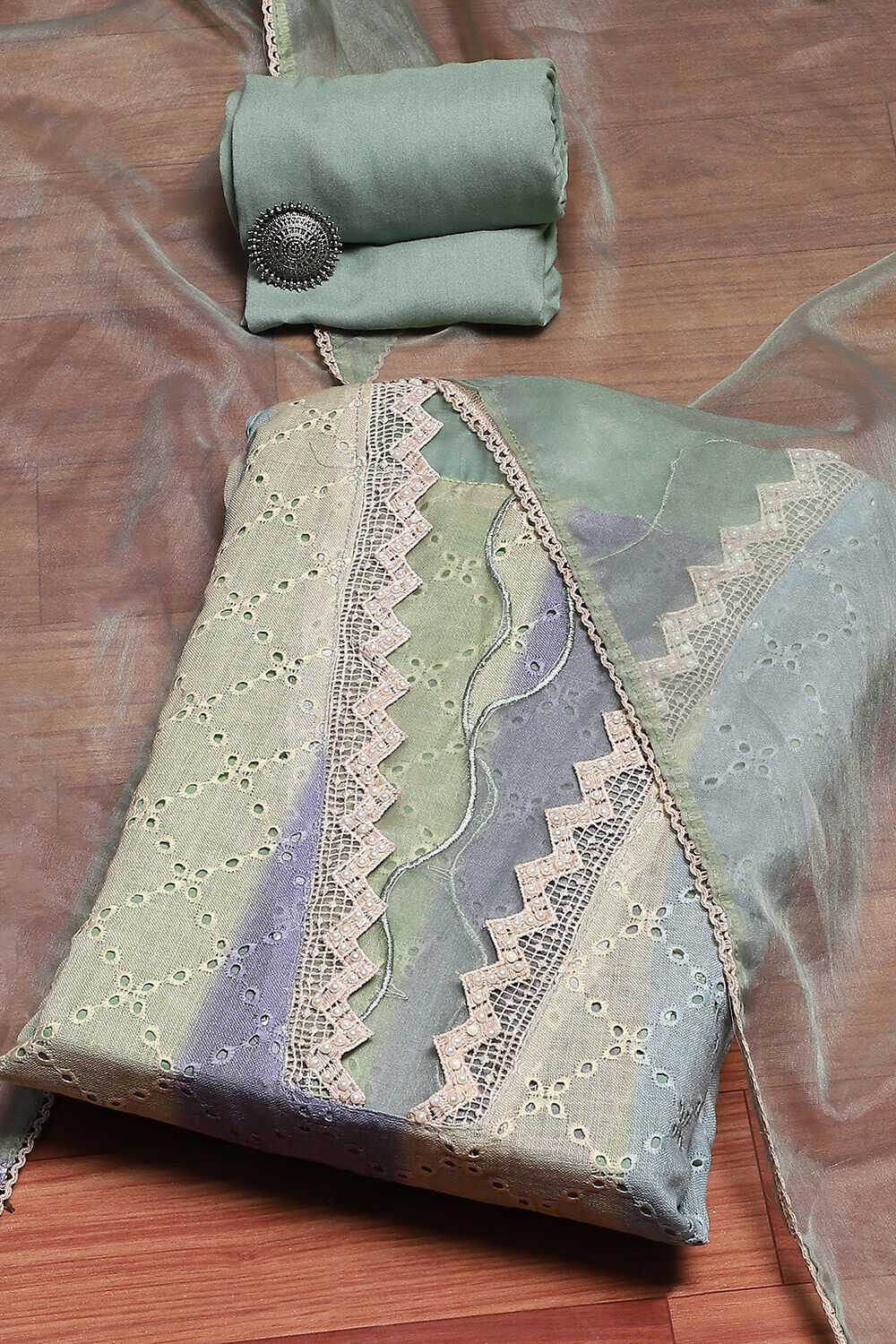 Green Cotton Blend Schiffli Unstitched Suit Set image number 0