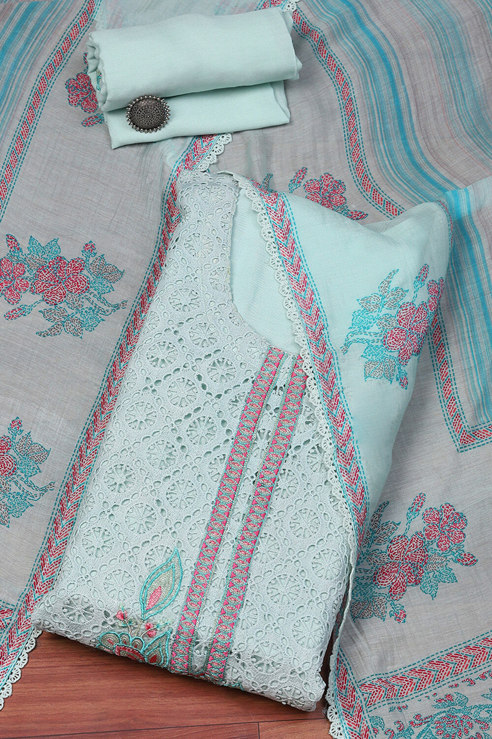 Light Green Muslin Lace Unstitched Suit Set image number 0