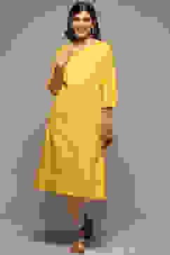 Yellow Cotton Straight Kurta image number 5