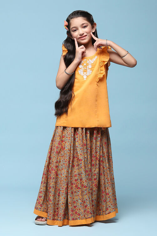Orange Cotton Straight Printed Kurta Skirt Suit Set image number 0