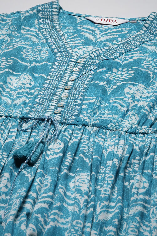 Turquoise Rayon Tiered Dress image number 5
