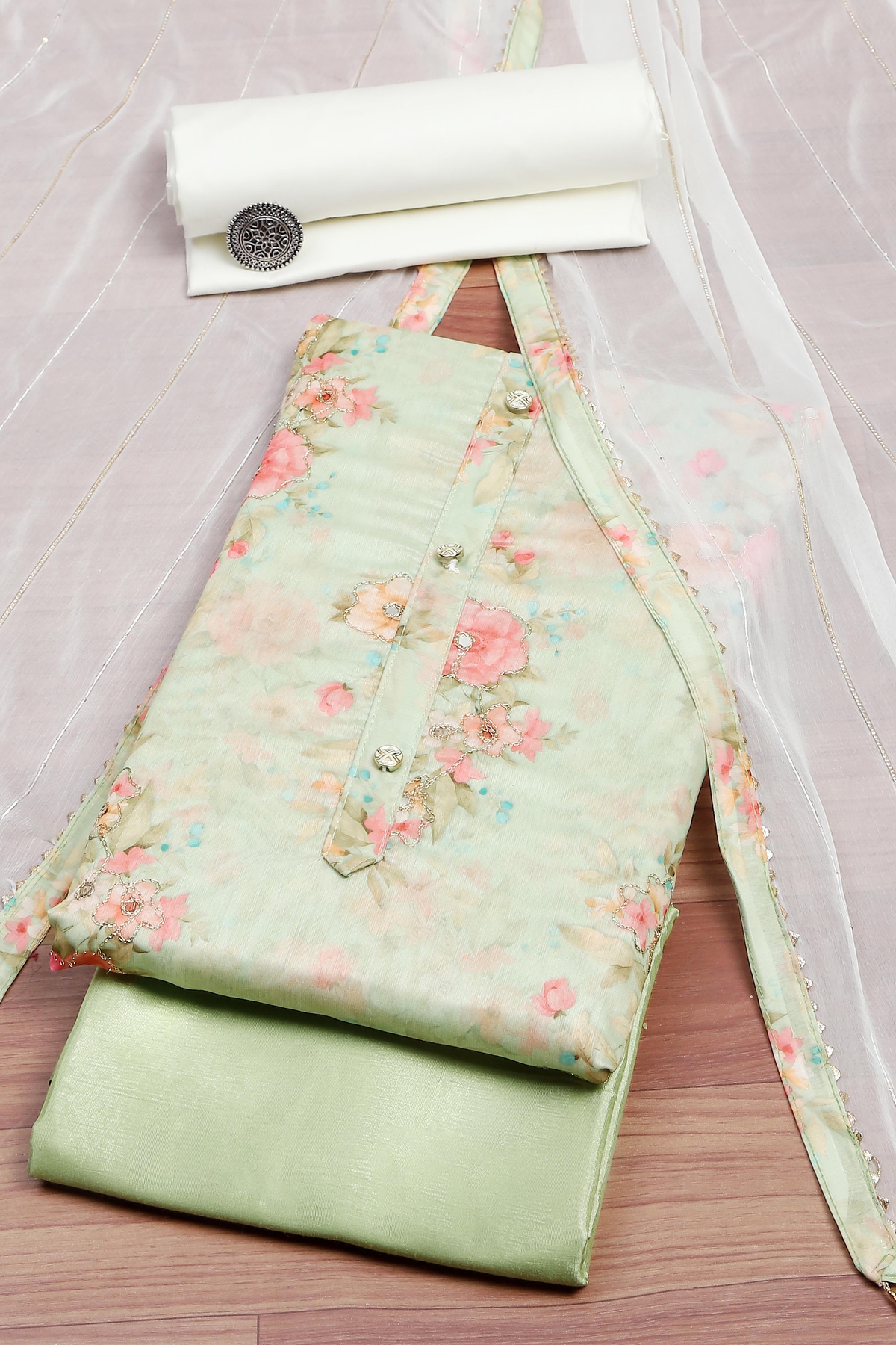 Green Chanderi  Printed Unstitched Suit Set