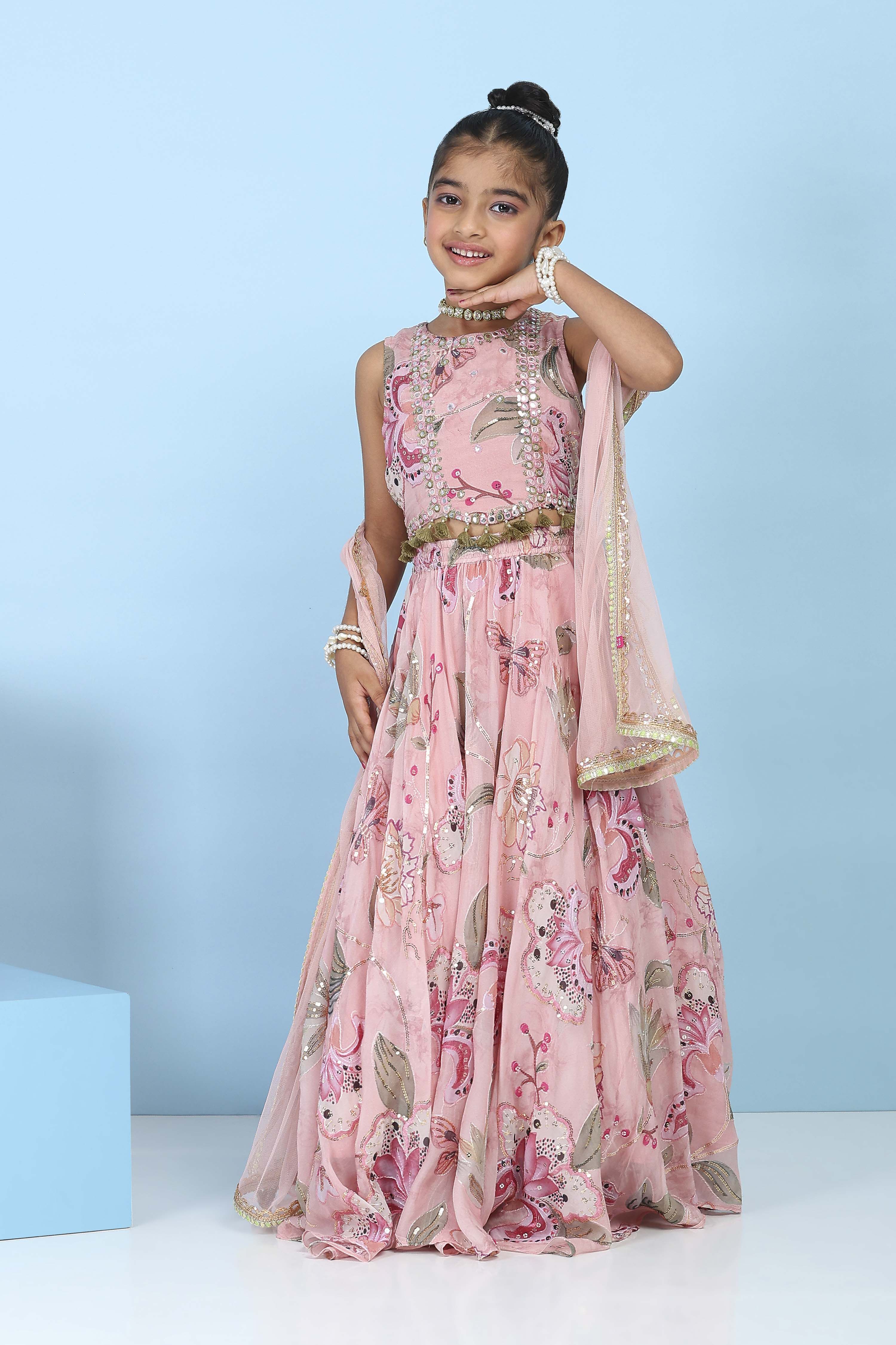 Pink Viscose Organza Floral Mirror Work Lehenga Set image number 6