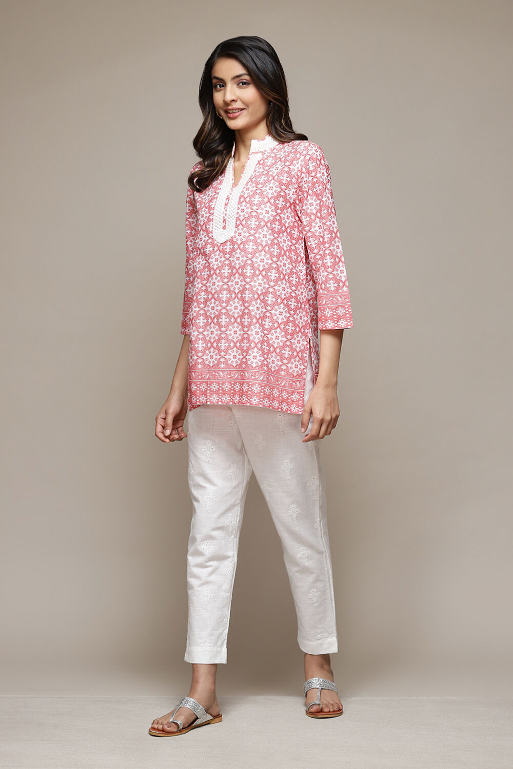 Off White Cotton Embroidered Narrow Pants image number 0