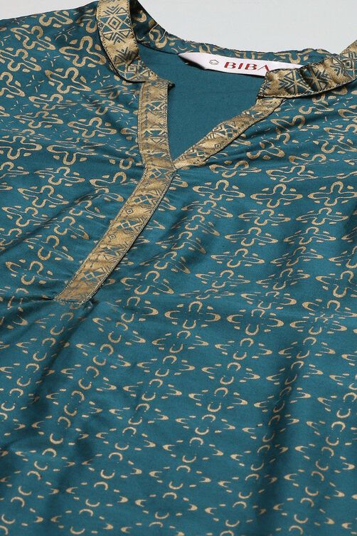 Bottle Blue Printed Cotton Straight Suit Set image number 1