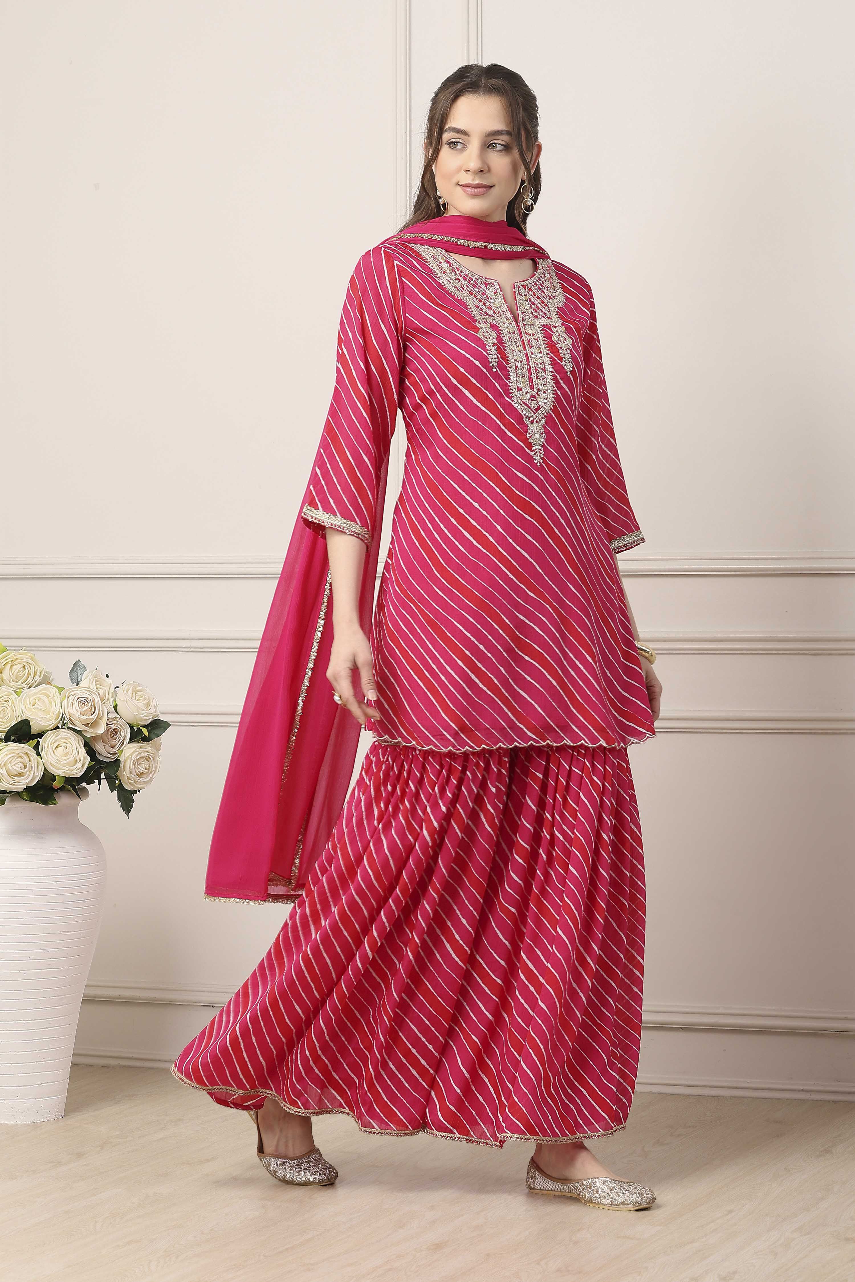 Pink Striped Yoke Design Straight Suit Set image number 7