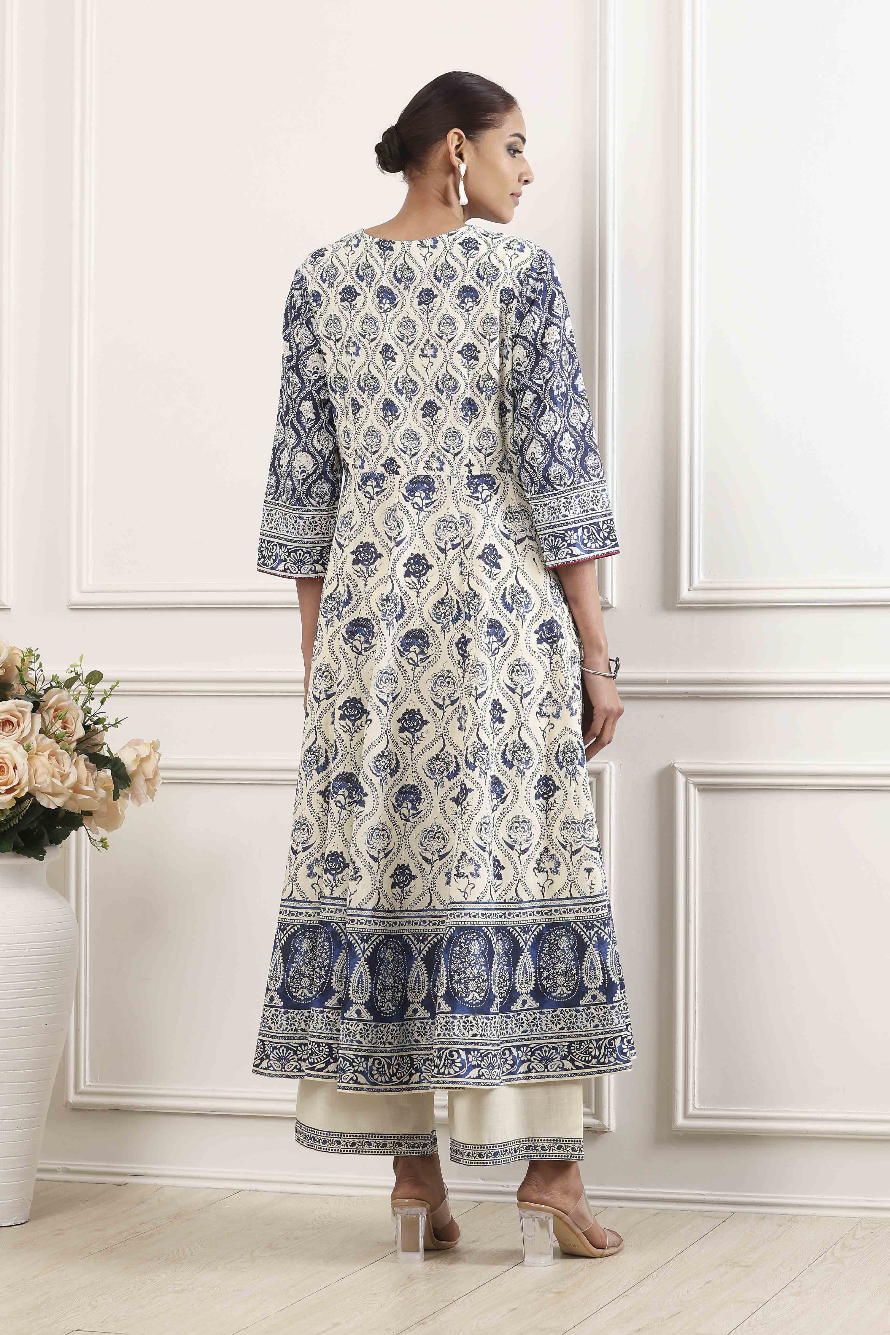 Indigo and Off-White Cotton Angrakha Anarkali Suit Set image number 4