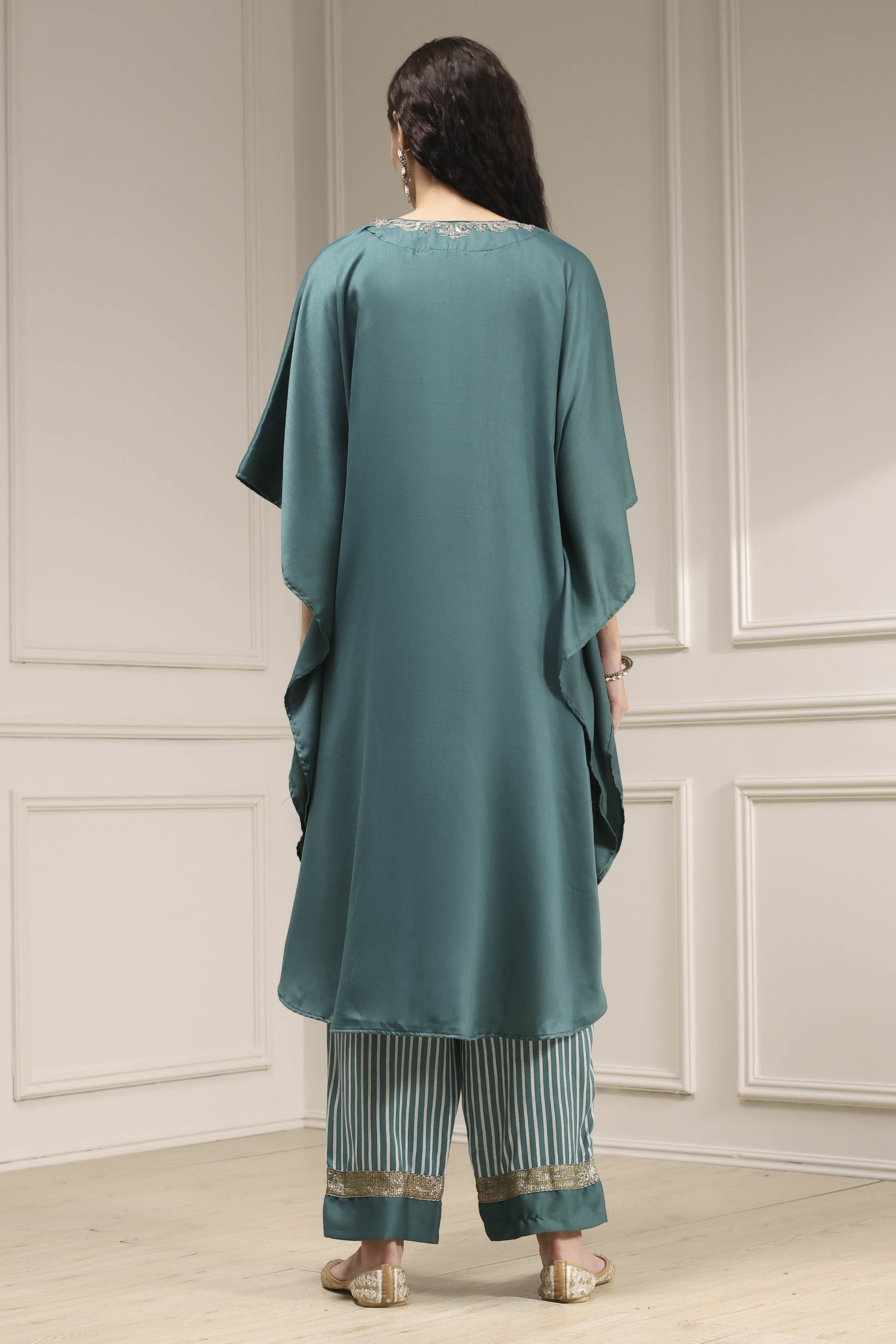 Sage Green Modal Solid Kaftan Fusion Kurta Set image number 4
